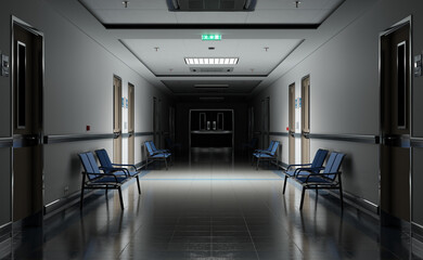 Long dark hospital corridor with rooms and seats 3D rendering. Empty accident and emergency interior with bright lights lighting the hall from the ceiling