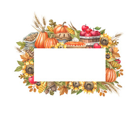 Harvest day, thanksgiving day watercolor frame with sunflowers, pumpkins, ripe apples, pumpkin pies, autumn leaves and flowers. Template for creating postcards, holiday flyers, advertisements 