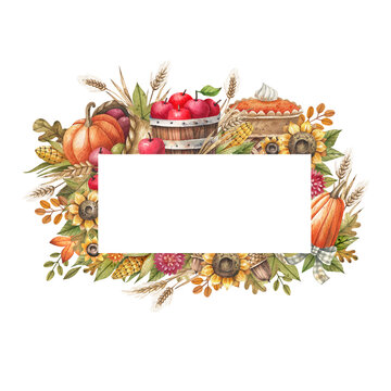 Harvest day, thanksgiving day watercolor frame with sunflowers, pumpkins, ripe apples, pumpkin pies, autumn leaves and flowers. Template for creating postcards, holiday flyers