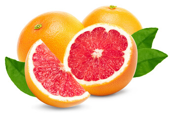 grapefruits with cut of grapefruit and green leaves isolated on white background. clipping path