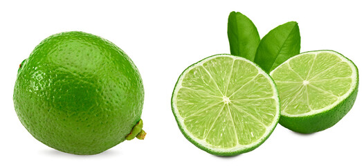 green lime with slice and green leaves isolated on white background. clipping path