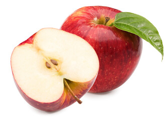 red apple with green leaf isolated on white background. clipping path.