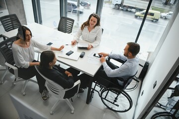 Corporate business team and in a meeting at modern office with big windows . High quality photo