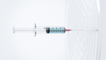 Syringe in center of target dartboard. Bright light from behind. Can be used in education, science or medicine industry background. 3D Render.