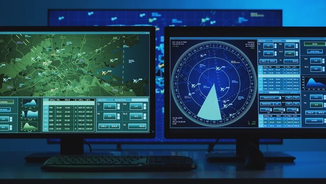 Workplace of the professional air traffic controller in the control tower. Caucasian aircraft control officer works using radar, computer navigation and digital maps. Aviation concept.