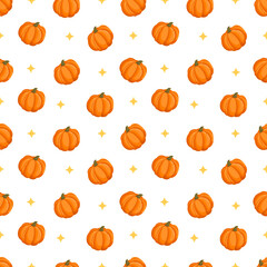 Seamless pattern with autumn pumpkins and stars. October harvest. Thanksgiving and Halloween. Vector illustration for fabrics, textures, wallpapers, posters, cards. Editable elements.