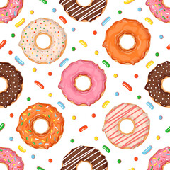 Seamless pattern with donuts of different flavors and toppings. Vector illustration for fabrics, textures, wallpapers, posters, cards. Editable elements.
