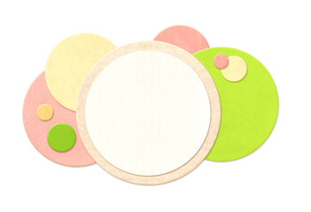 Round paper labels with cardboard texture of retro colors. Horizontal banner with eco paper cut overlapping circles