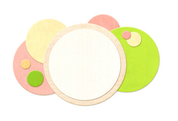 Round paper labels with cardboard texture of retro colors. Horizontal banner with eco paper cut overlapping circles