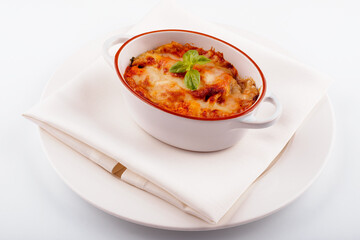 Lasagna in baking dish italian cuisine melted cheese