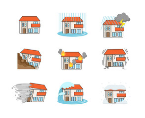 住宅の様々な災害のイラスト（線あり）