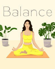 Young woman sitting and meditating in room. Illustration for yoga, meditation, relax