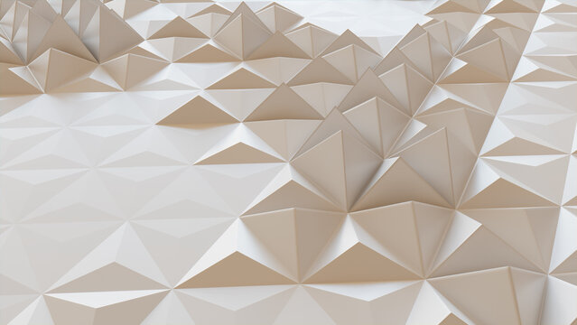 White Three-Dimensional Surface with Triangular Pyramids. Futuristic, Light 3d Background.