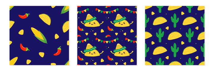 Set, collection of three vector seamless pattern backgrounds with Mexican food, taco characters, chili peppers, corn and nacho chips.
