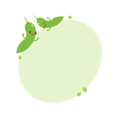 Oval frame, card template, background with cute edamame, green soy beans characters for food design.
