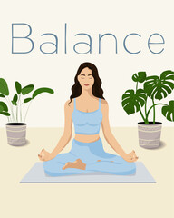 Young woman sitting and meditating in room. Illustration for yoga, meditation, relax