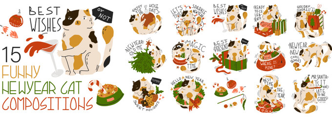 Collection compositions with funny Christmas cat. Humorous phrases. New year stickers with cute adorable kitty. Greeting card for holiday party. Poster, print. Flat style in vector illustration