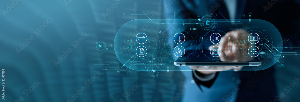 Aufkleber businessman using tablet online banking and payments, digital marketing. finance and banking network