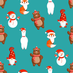Seamless pattern with animals - bear, fox, llama or alpaca, gnome. Vector Christmas illustration for fabric, texture, wallpaper, poster, card. Editable elements. Winter cartoon design