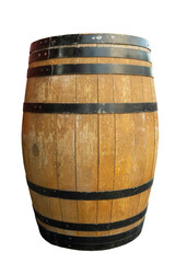 Old shabby wooden barrel with black metal rings isolated on white background. side view.
