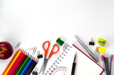 Creative education elements on white backgroup, used in Back to school concept. Top view of...