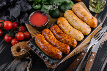 Grilled sausages and vegetables close up