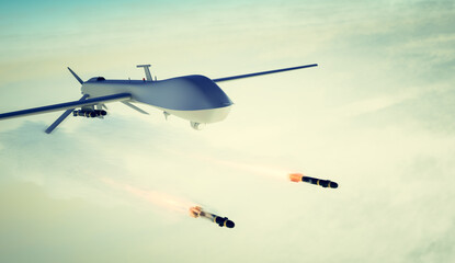 Fototapeta na wymiar Military combat drone UAV launching missiles