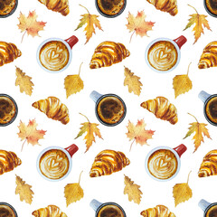 Watercolor seamless coffee break pattern. Cup of coffee, capuccino, latte, croissants. Cozy autumn design.