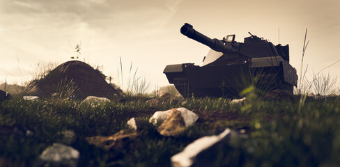 Obraz premium Military tank in combat on the field