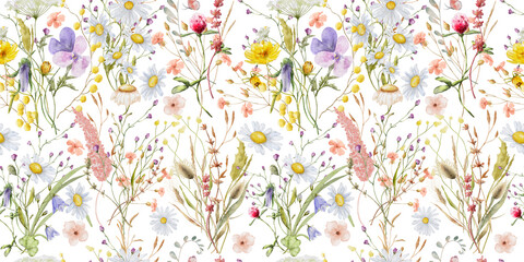 Panele Szklane  Wild flowers watercolor seamless pattern botanical hand drawn illustration