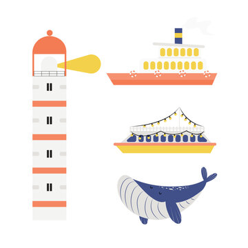 Hand drawn cute coastline objects - lighthouse, ships and a whale. Isolated on white flat style vector illustration
