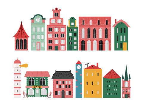 Set with colorful houses in Scandinavian style. Isolated on white background flat design vector illustration