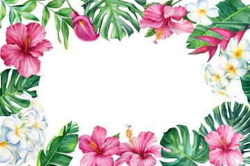 Frame from watercolor palm leaves and flowers on isolated white background, wedding floral design
