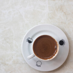 cup of  tuksih coffee, top view , copy space area 