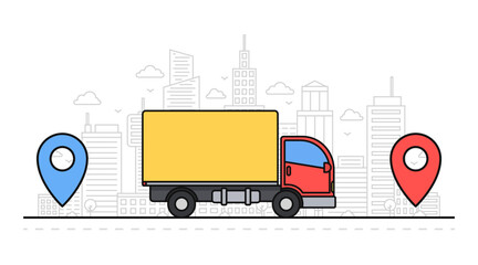Concept of online delivery. Delivery truck from point A to point B. Tracking order. Vector illustration..