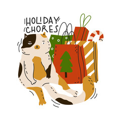 Tired cat sits with packages with gifts. Holiday chores quote. New year sticker with funny cat. Greeting card for holiday party. Flat style in vector illustration. Isolated object.