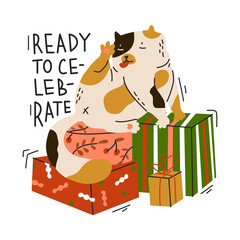 The cat washes while sitting on boxes with gifts. Ready to celebrate quote. New year sticker with funny cat. Greeting card for holiday party. Flat style in vector illustration. Isolated object.