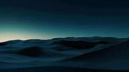 Desert Landscape with Sand Dunes and Green Gradient Starry Sky. Empty Contemporary Background.