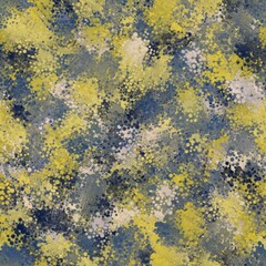 Chaotic liquid brush strokes with dotted pattern. Grey, blue and yellow colors. Seamless background.