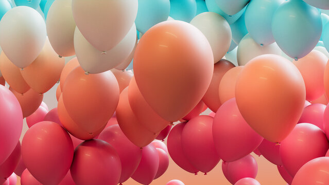 Contemporary Carnival Background, with Coral, Pink and Aqua Balloons. 3D Render.