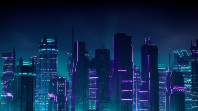 Sci-fi Metropolis with Purple and Cyan Neon lights. Night scene with Advanced Skyscrapers.