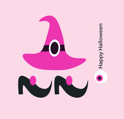 Vector cute Halloween card. Witch hat and shoes.  Doodle collection with holiday decorations. Funny Pink Halloween greeting card.