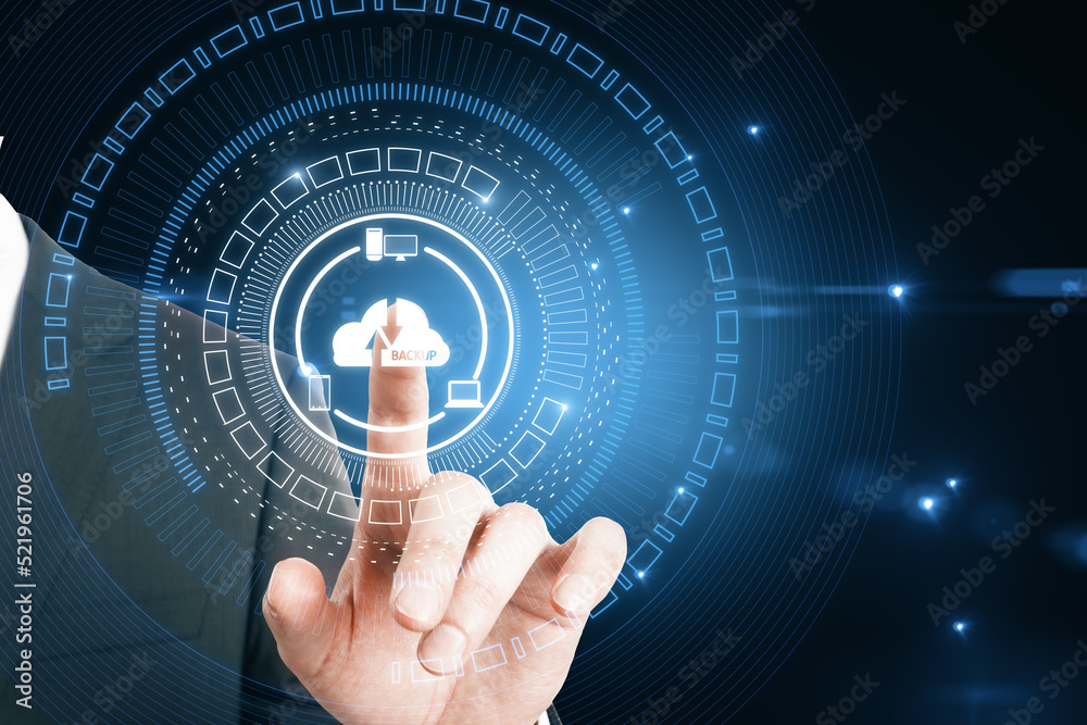 Poster close up of businessman hand pointing at abstract glowing cloud hologram on blurry dark background. 