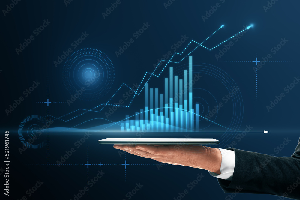 Aufkleber close up of businessman hand pointing at tablet with abstract glowing polygonal business graph holog