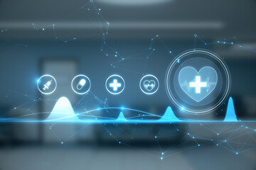 Creative polygonal medical interface hologram on blurry background. Online healthcare, cardiology and technology concept. 3D Rendering.