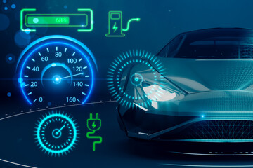 Creative electronic car dashboard interface hologram on blurry blue texture. Automobile, charging and futuristic technology concept. 3D Rendering.