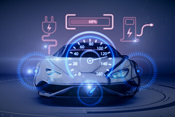 Abstract electronic car dashboard interface hologram on blurry blue background. Automobile,...