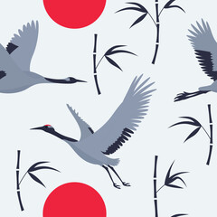 elegant japanese seamless pattern with flying crane birds, bamboo stems and vibrant sun circles