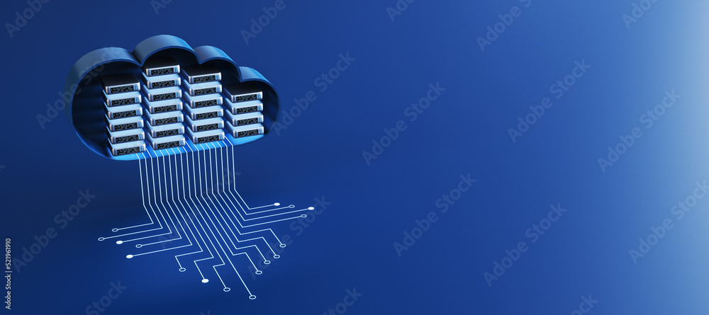 Aufkleber Abstract server room circuit cloud on blue background with mock up place. Data storage and database concept. 3D Rendering.