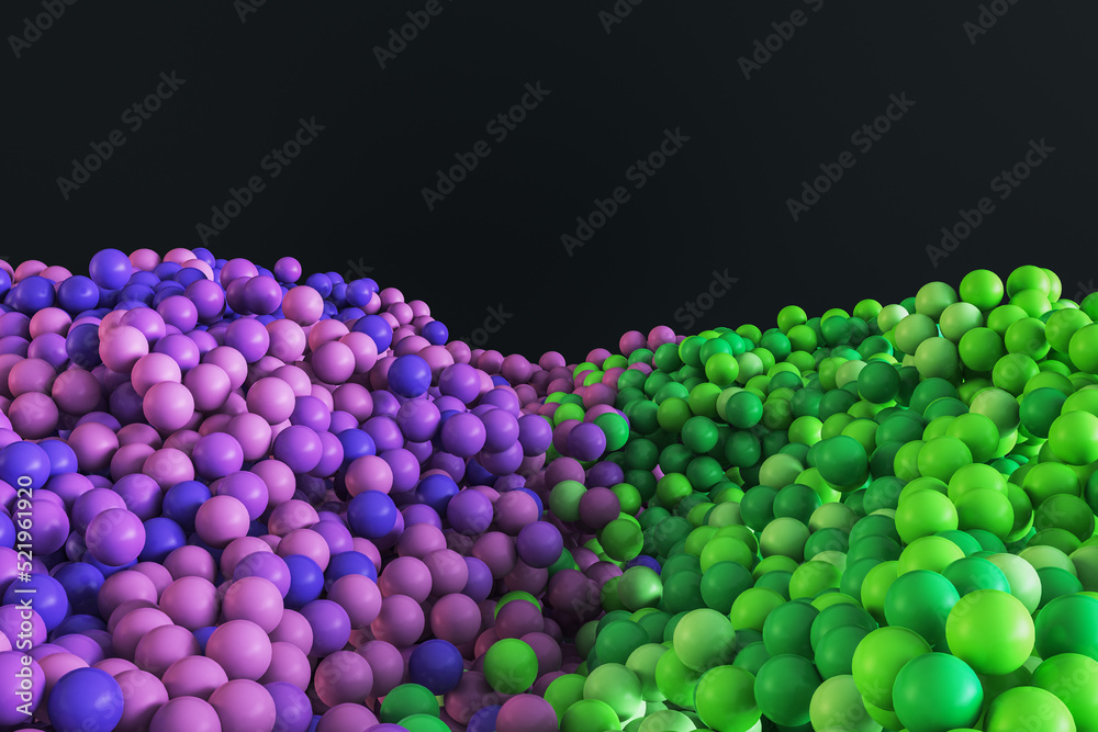 Poster Abstract colorful bubbles on black wallpaper with mock up place for text and advertisement. Design and banner concept. 3D Rendering.
